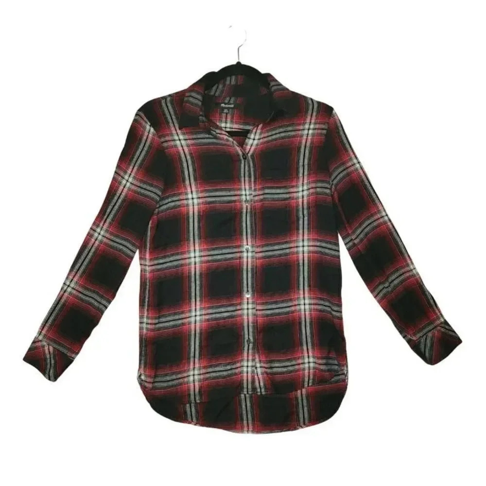 Madewell Shirt Women's Size XXS Black Red Cotton Button Down Long Sleeve Plaid